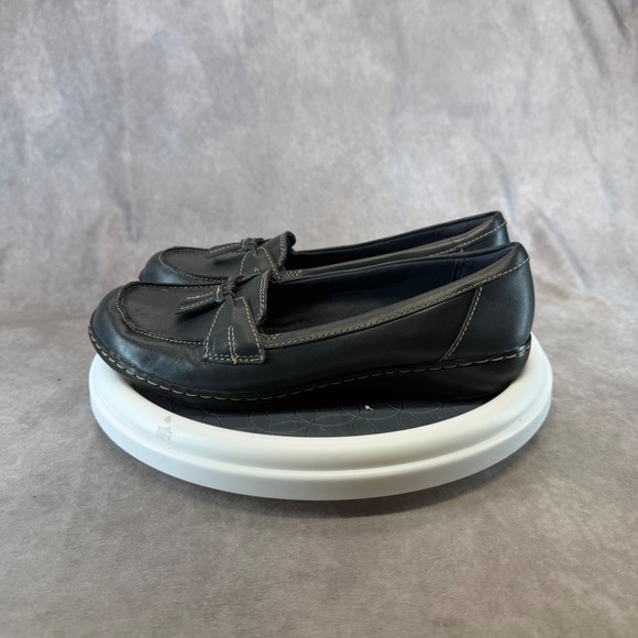 Clarks Shoes - Clarks Leather Tassel Loafers Womens 9.5 Black Contrast Stitch Comfort Flats